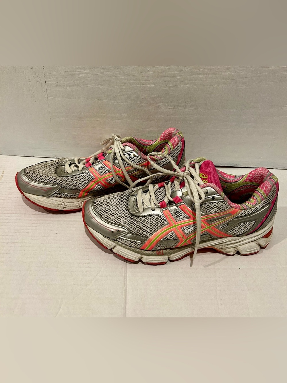ASICS Women's Silver Running Shoes with Pink and Neon Green Accents